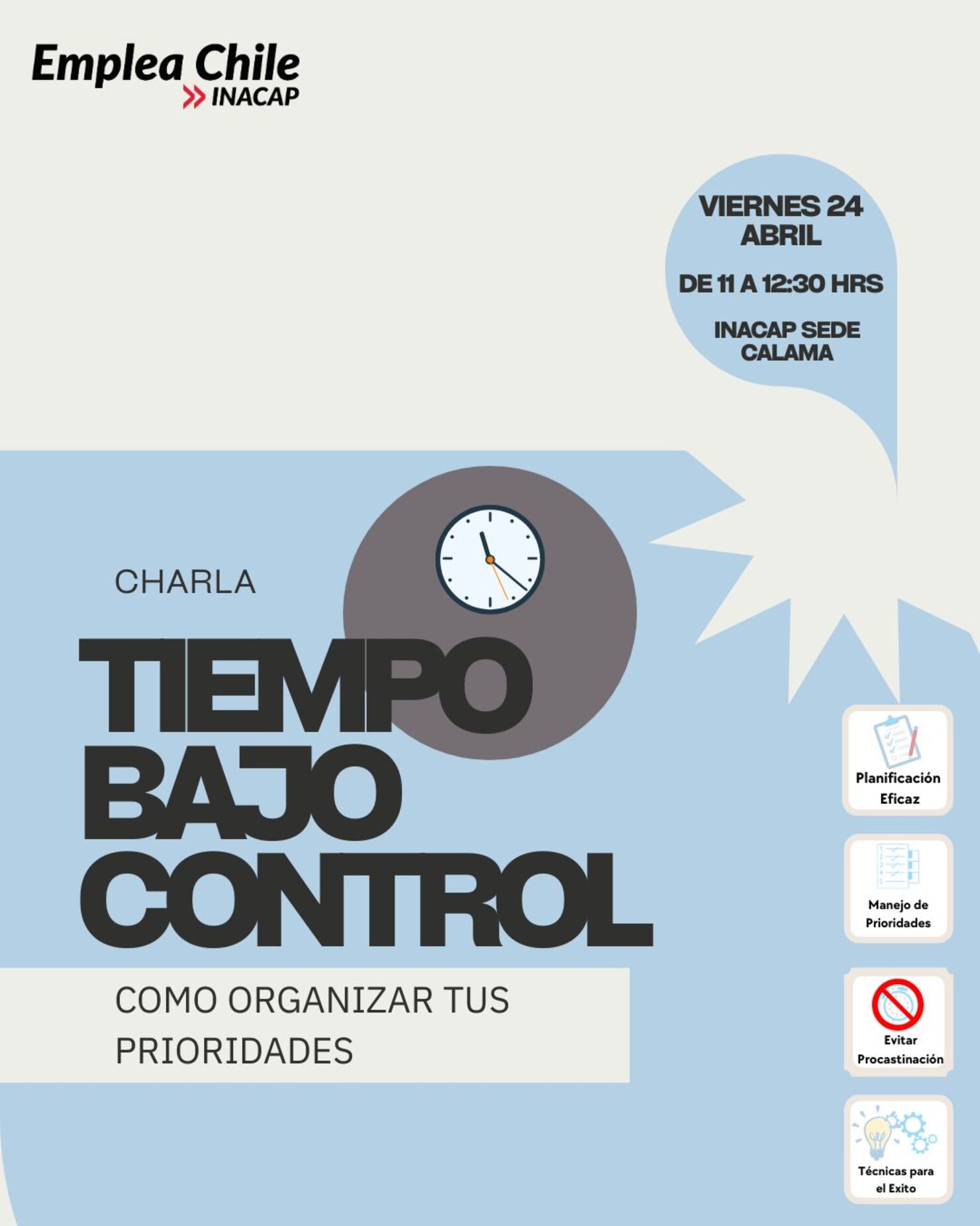 Charla "Tiempo bajo control: cómo organizar tus prioridades"