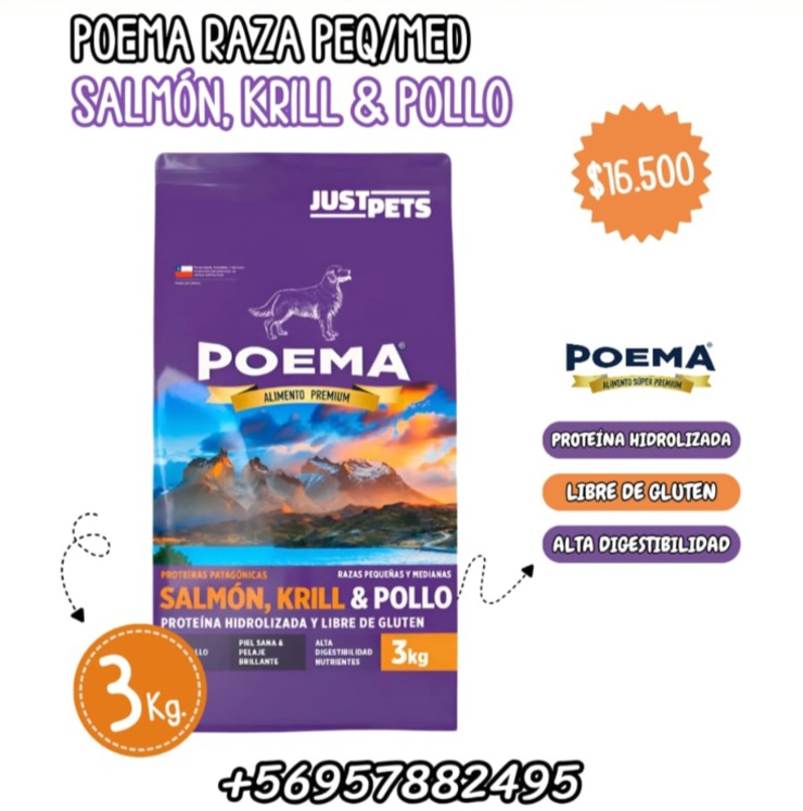 Poema Raza Pequeña y Mediana Sabor Salmón, Krill y Pollo 3kg