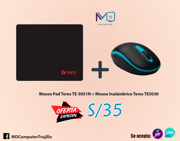 Mouse Pad Teros TE-5051N + Mouse Inalámbrico Teros TE5030